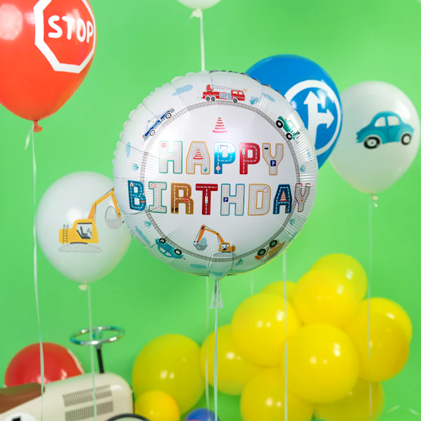 Balon foliowy okrągły Happy Birthday Pojazdy 45cm 131497