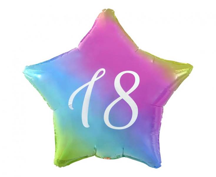 Balon foliowy Gwiazdka Tęczowa pastelowa Gradient 18 srebrny napis 19" 48cm