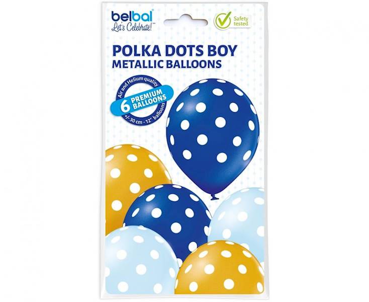 Balony lateksowe kropki, groszki Polka Dots dla chłopca - niebiesko beżowe 30cm Belbal 6szt