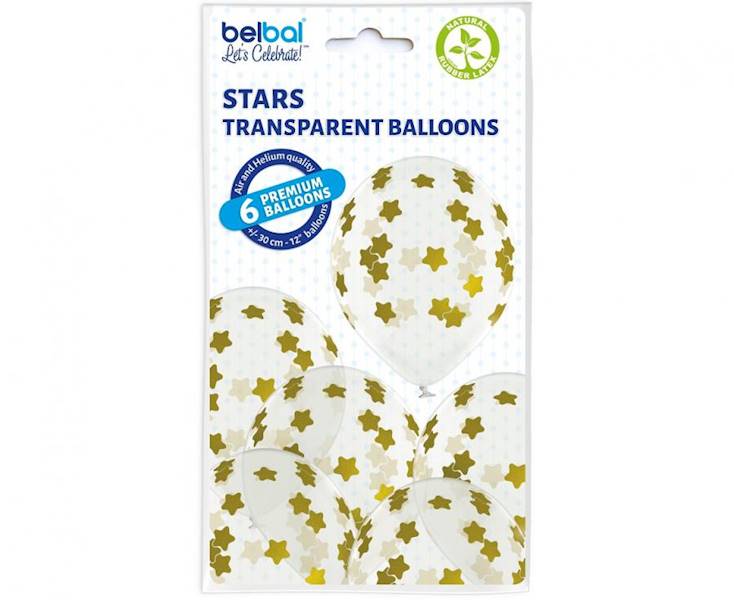 Balony lateksowe konfetti nadrukowane złote gwiazdki 30cm Belbal 6szt