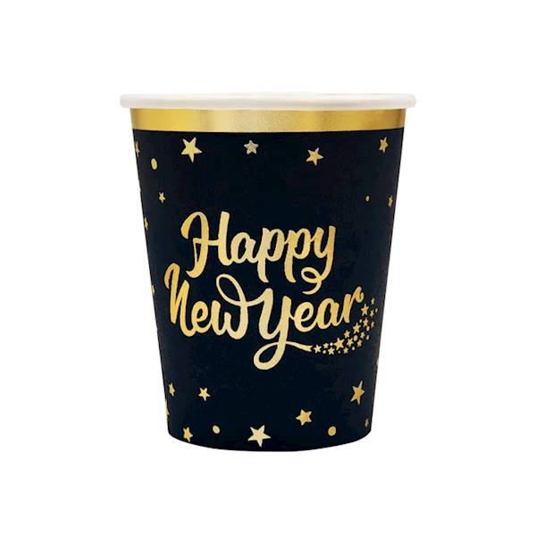Kubeczki Happy New Year czarne złoty napis 6szt 220ml 512662