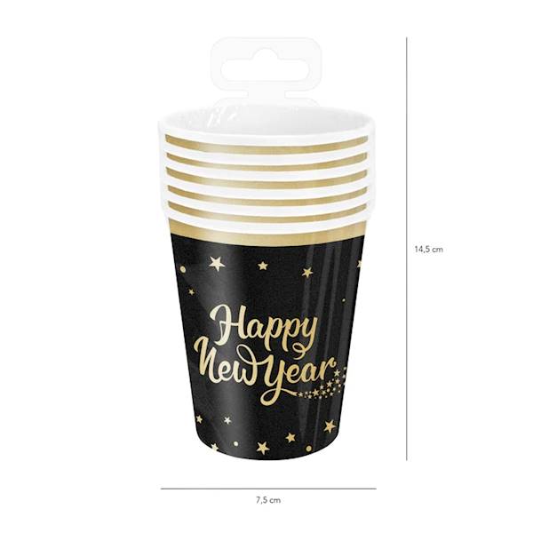 Kubeczki Happy New Year czarne złoty napis 6szt 220ml 512662