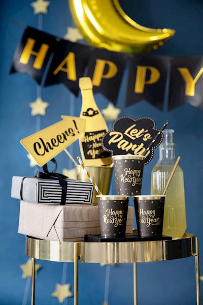 Kubeczki Happy New Year czarne złoty napis 6szt 220ml 512662