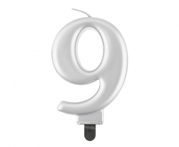 Świeczka cyfra 9 srebrna metalik 8cm 