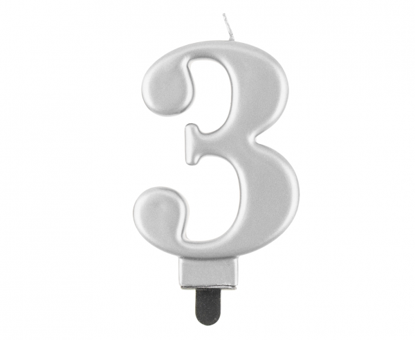 Świeczka cyfra 3 srebrna metalik 8cm 