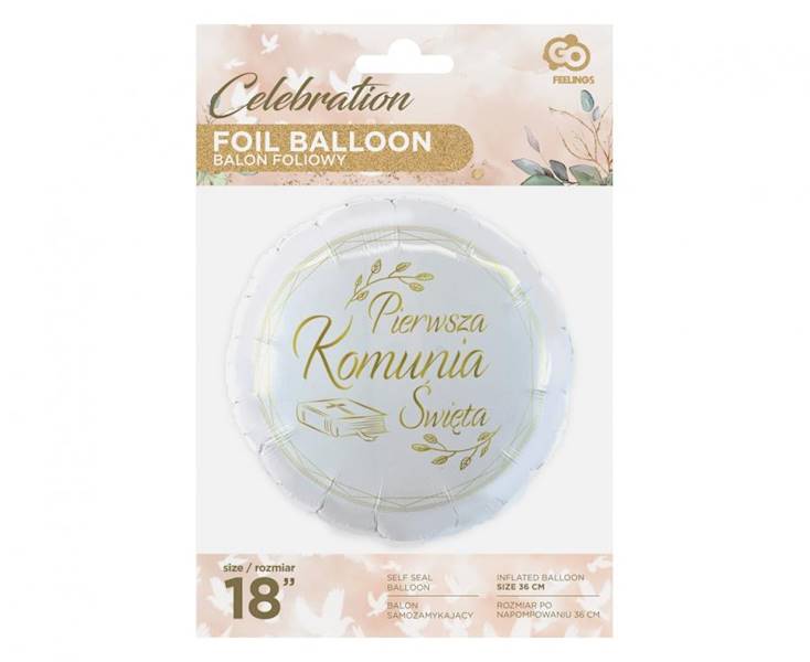 Balon foliowy okrągły Pierwsza Komunia Święta 18" 36cm 
