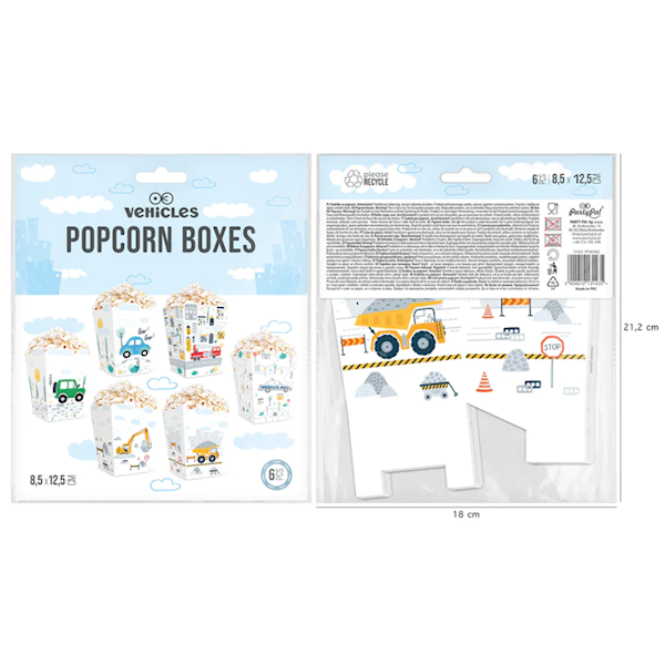 Pudełka na popcorn Pojazdy 6szt 8,5x12,5cm 131435