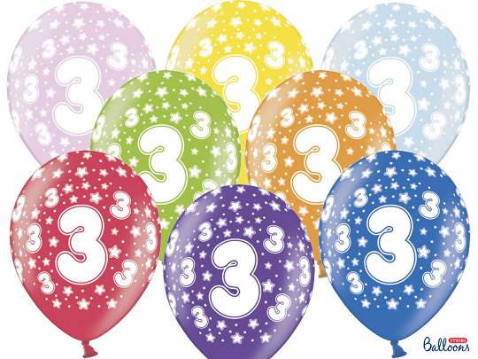 Balon z nadrukiem "3" lateks metalik 6 szt 