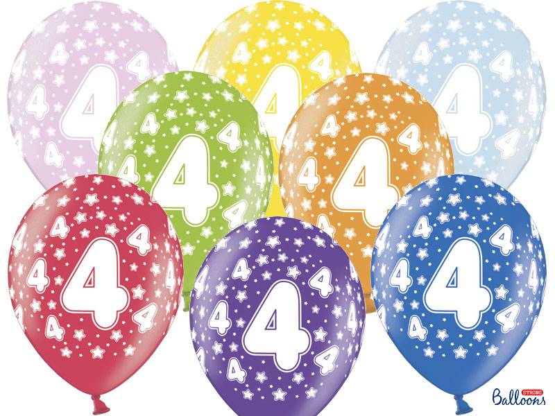 Balon z nadrukiem "4" urodziny metalic 6szt 