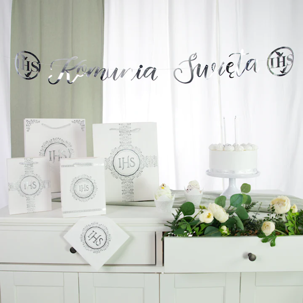Baner Komunia święta srebrny napis 17cmx150cm - 5m linki 131862