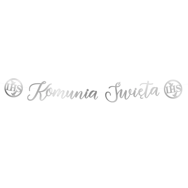 Baner Komunia święta srebrny napis 17cmx150cm - 5m linki 131862