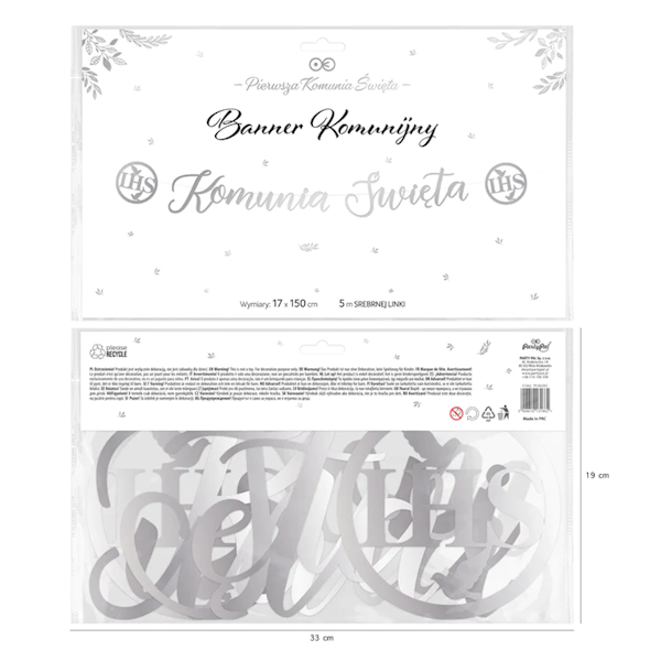 Baner Komunia święta srebrny napis 17cmx150cm - 5m linki 131862