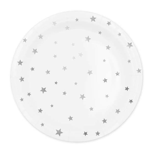 Talerzyki białe w gwiazdki srebrne 18cm 6szt 510858