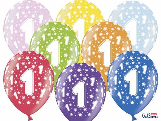 Balon z nadrukiem "1" lateks metalik 6 szt.