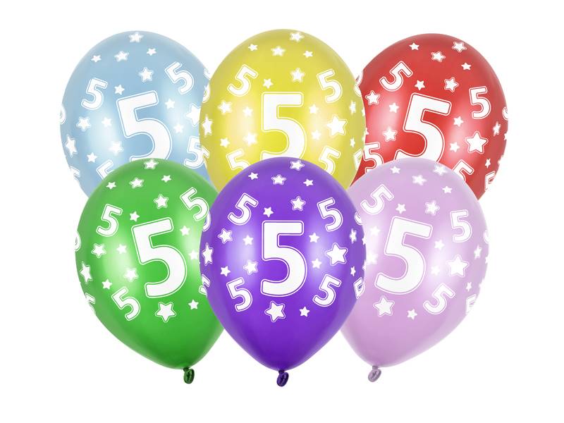Balon z nadrukiem "5" lateks metalik 6 szt. 