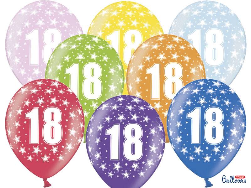 Balon z nadrukiem "18" lateks metalik 6 szt. 