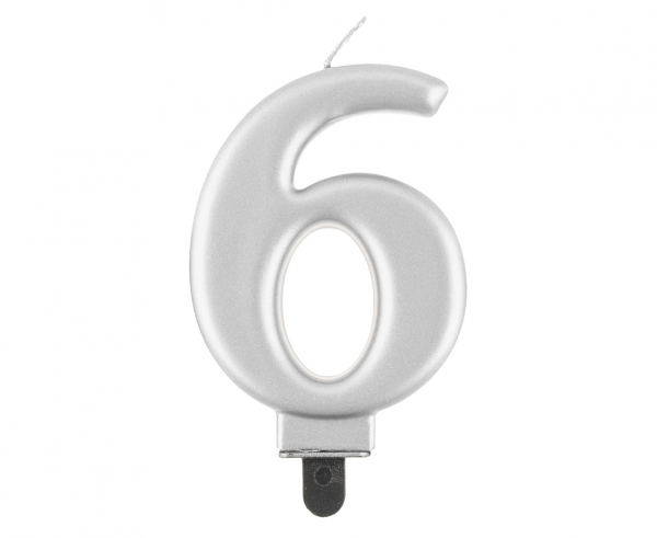 Świeczka cyfra 6 srebrna metalik 8cm 