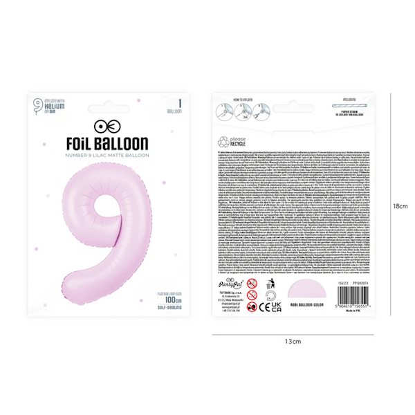 Balon foliowy cyfra 9 fioletowa jasna liliowa 100cm 156551