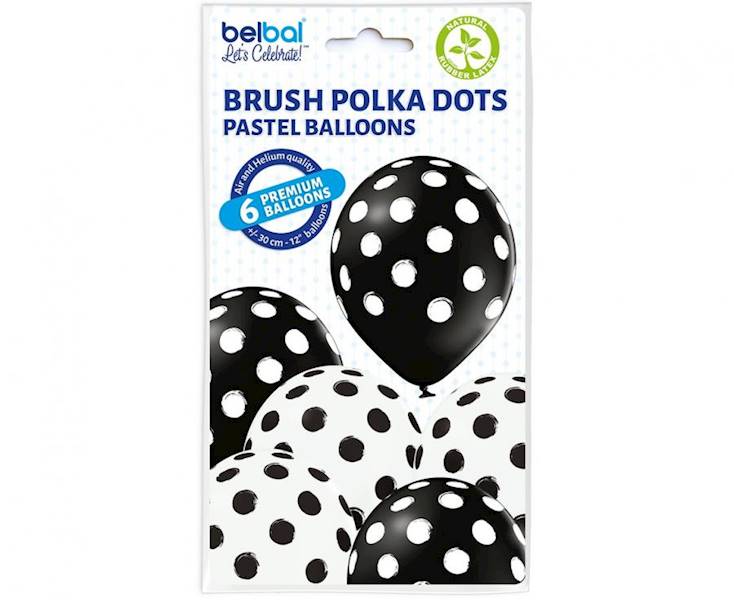 Balony lateksowe kropki, groszki Polka Dots biało czarne 30cm Belbal 6szt