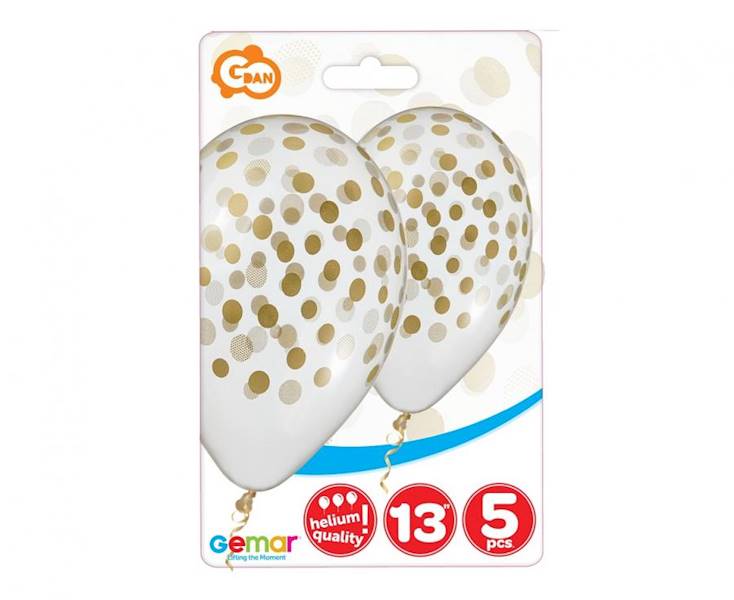 Balony lateksowe konfetti nadrukowane złote kropki, groszki 33cm Belbal 6szt