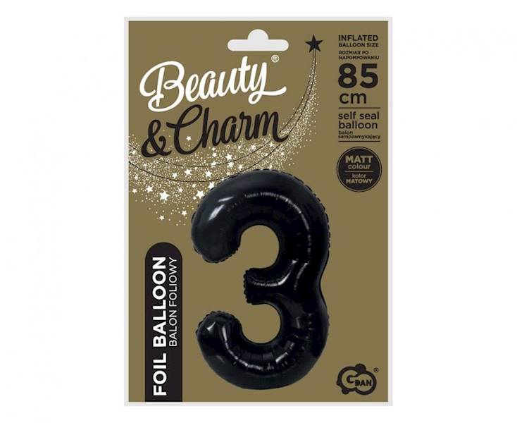 Balon foliowy cyfra 3 czarna matowa 85cm Beauty&Charm