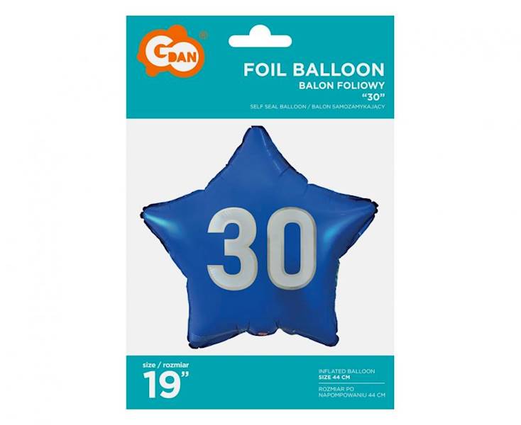 Balon foliowy Gwiazdka Niebieska 30 biały napis 19" 48cm