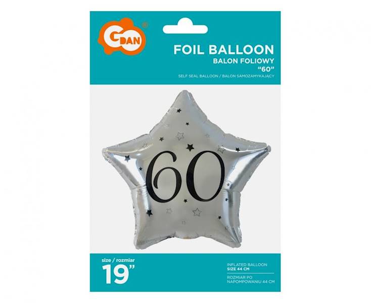Balon foliowy Gwiazdka Srebrna 60 czarny napis 19" 48cm