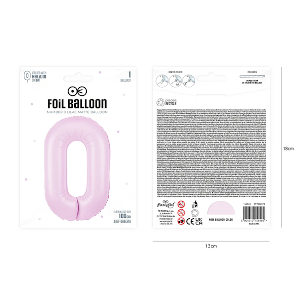 Balon foliowy cyfra 0 fioletowa jasna liliowa 100cm 156469