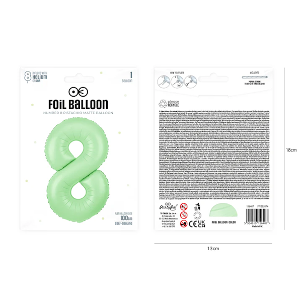 Balon foliowy cyfra 8 zielona pistacjowa 100cm 156407