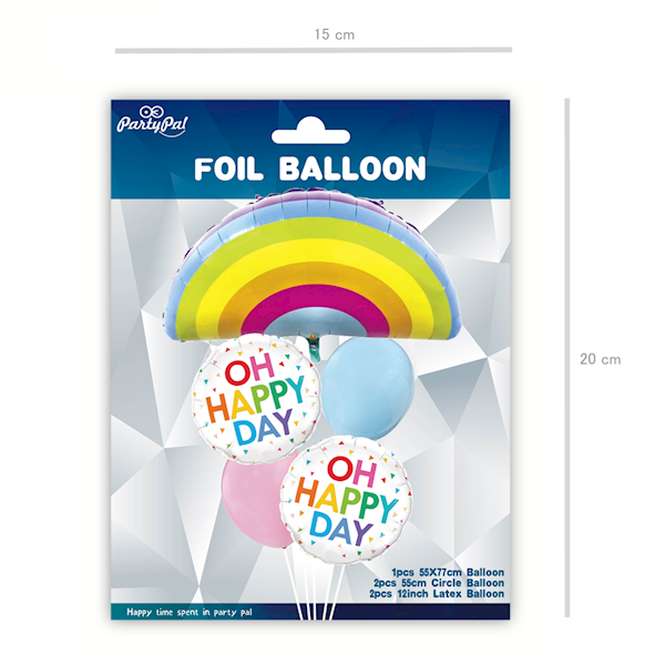 Balon foliowy tęcza i 2 okrągłe Oh Happy Day + 2 lateksowe zestaw 