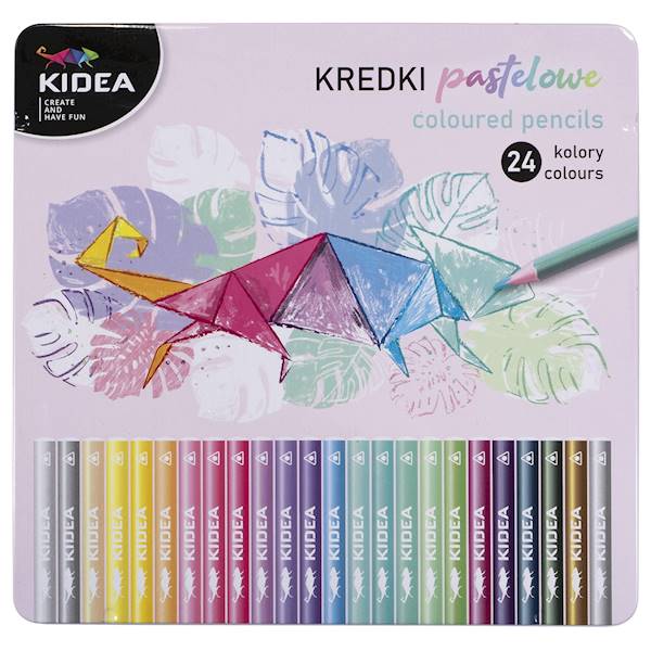 Kredki pastelowe 24 kol. trójkątne metalowe pudełko Kidea