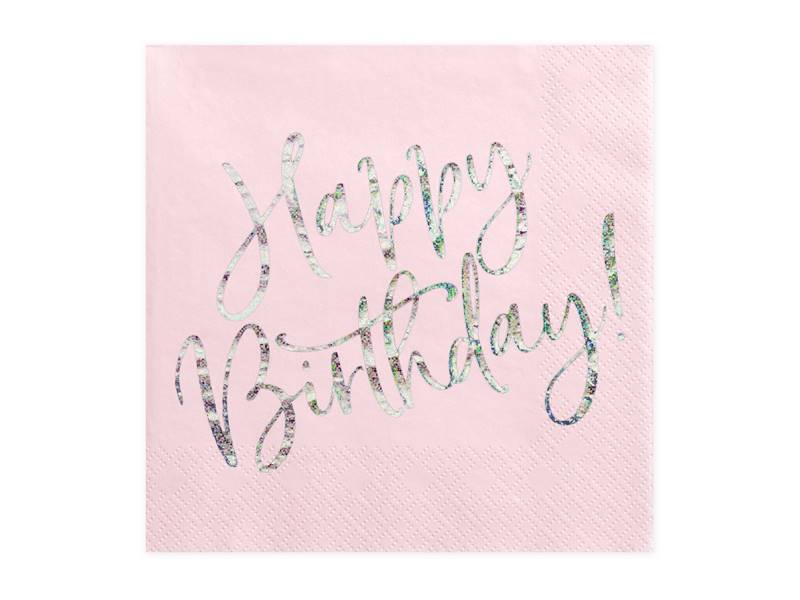Serwetki Happy Birthday róż + napis holograficzny