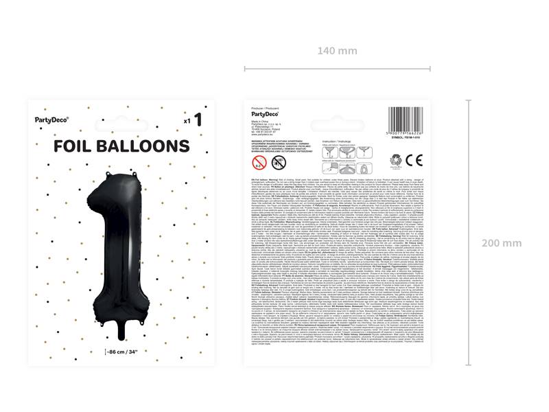 Balon foliowy cyfra 1 czarna Party Deco FB1M-1-010 