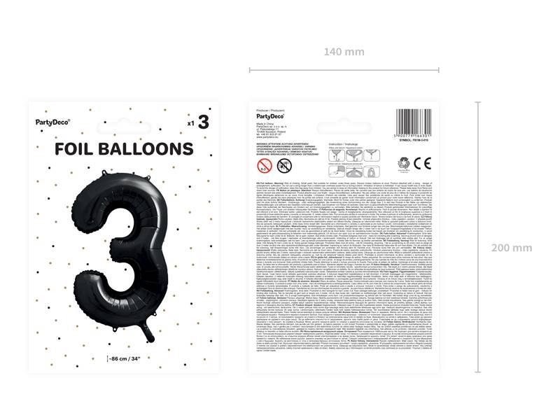 Balon foliowy cyfra 3 czarna Party Deco FB1M-1-010 