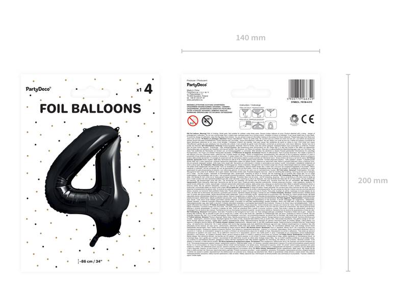 Balon foliowy cyfra 4 czarna Party Deco FB1M-4-010 