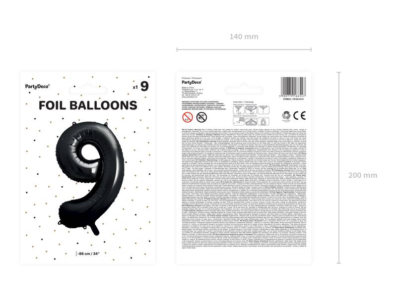 Balon foliowy cyfra 9 czarna Party Deco FB1M-9-010 