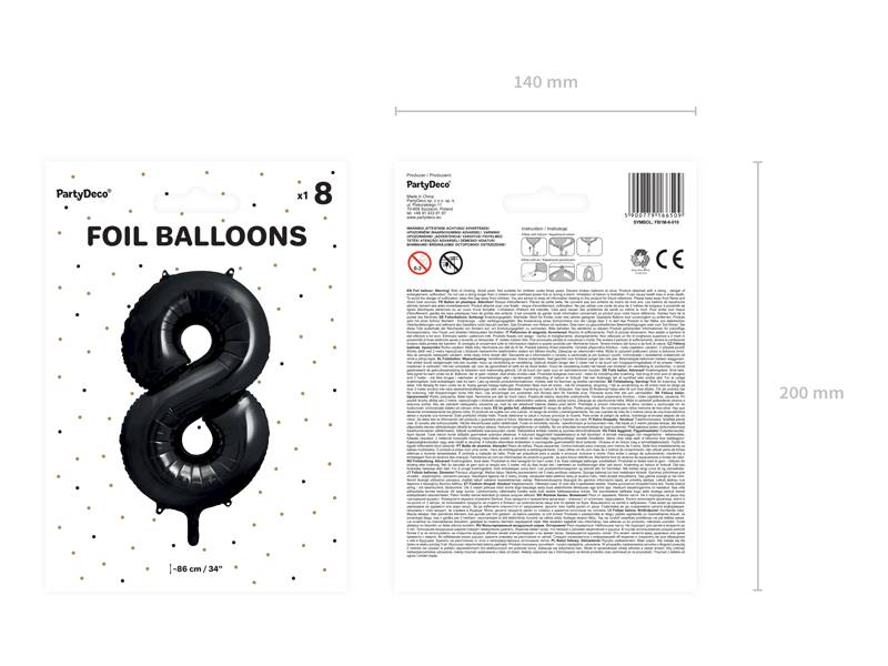 Balon foliowy cyfra 8 czarna Party Deco FB1M-8-010