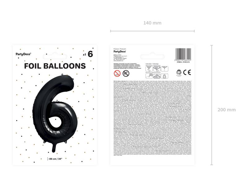 Balon foliowy cyfra 6 czarna Party Deco FB1M-6-010 