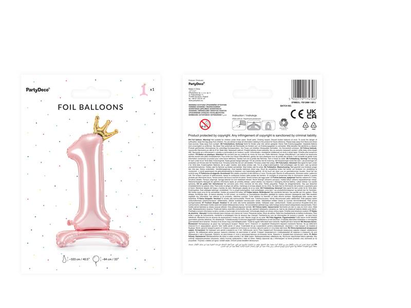 Balon foliowy stojący cyfra "1"  z koroną 84 cm, jasny róż FB126M-1-081J