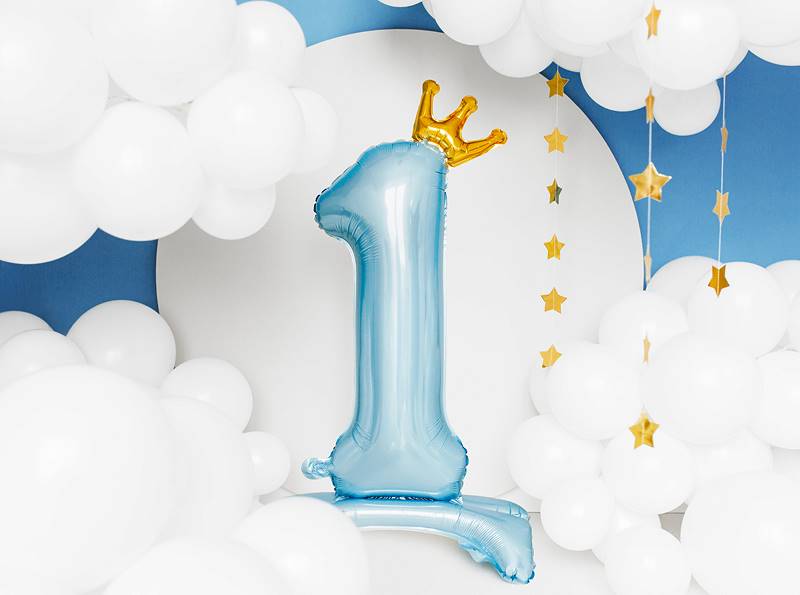 Balon foliowy stojący cyfra "1"  z koroną 84 cm, jasdny niebieski FB126M-1-011