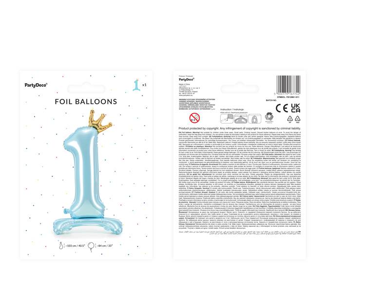 Balon foliowy stojący cyfra "1"  z koroną 84 cm, jasdny niebieski FB126M-1-011