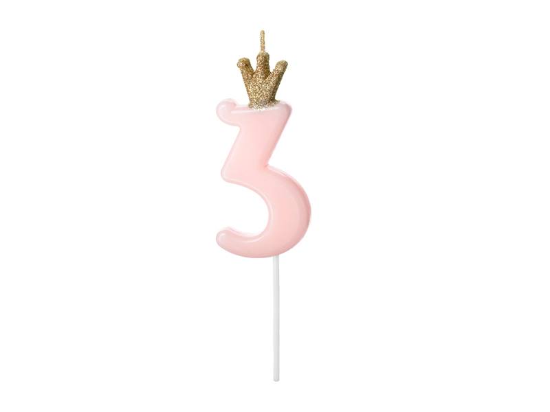 Świeczka urodzinowa Cyferka 3 jasny różowy 9.5cm