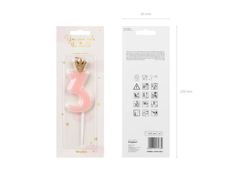Świeczka urodzinowa Cyferka 3 jasny różowy 9.5cm