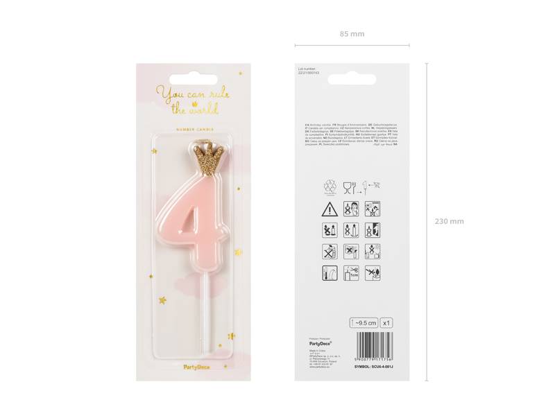 Świeczka urodzinowa Cyferka 4 jasny różowy 9.5cm