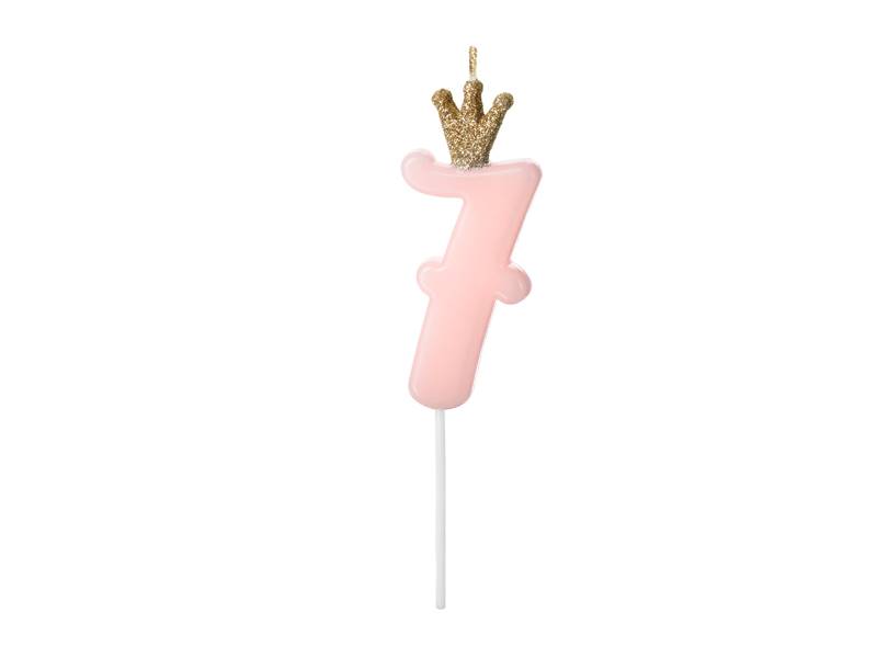 Świeczka urodzinowa Cyferka 7 jasny różowy korona 9.5cm