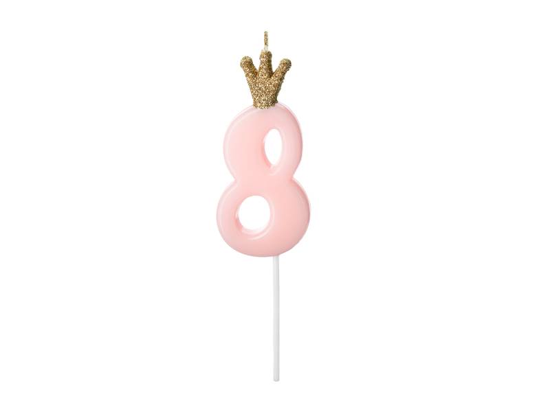 Świeczka urodzinowa Cyferka 8 jasny różowy korona 9.5cm