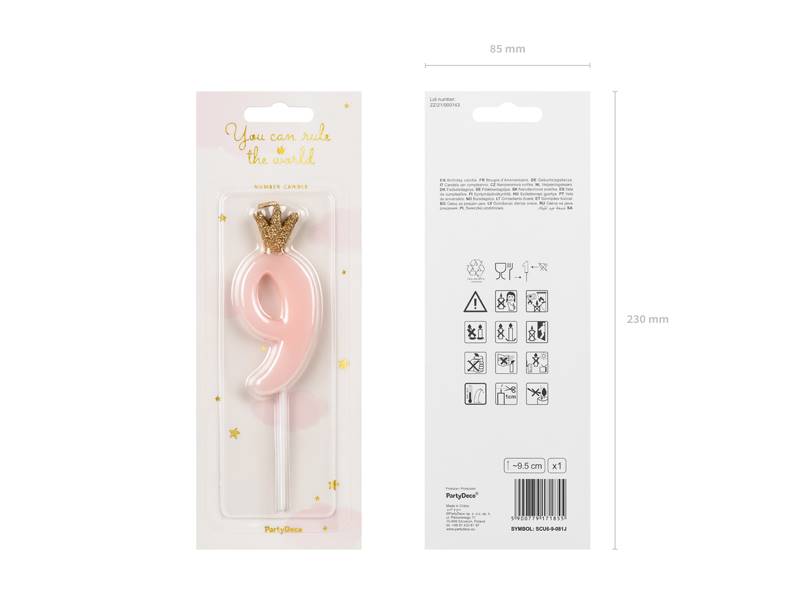 Świeczka urodzinowa Cyferka 9 jasny różowy korona 9.5cm