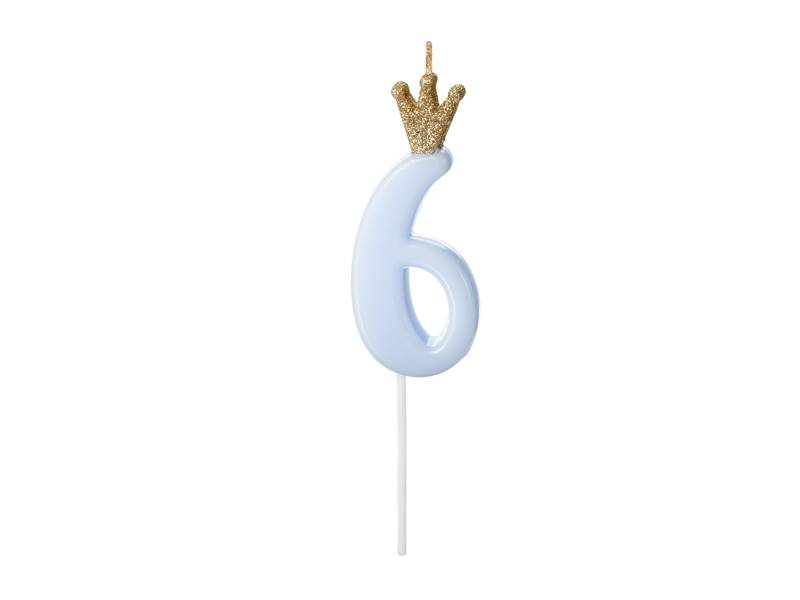 Świeczka urodzinowa Cyferka 6 jasny niebieski korona 9.5cm