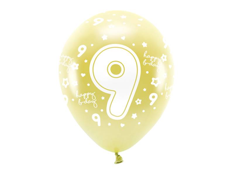 Balony lateksowe Eco 33 cm Cyfra ''9'' jasny złoty 6 szt ECO33M-209-019J-6
