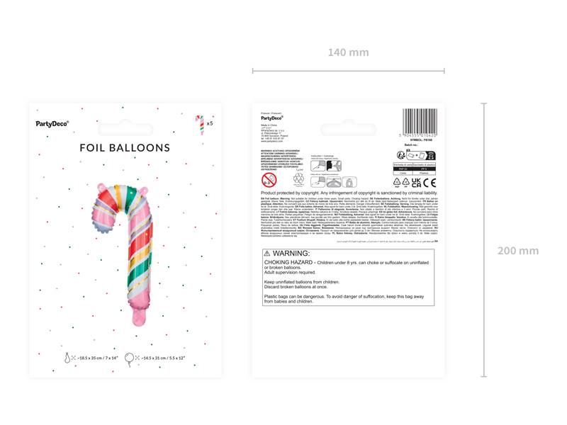 Balon foliowy Cukrowa Laska mała 18.5x35 cm 5 sztuk FB168